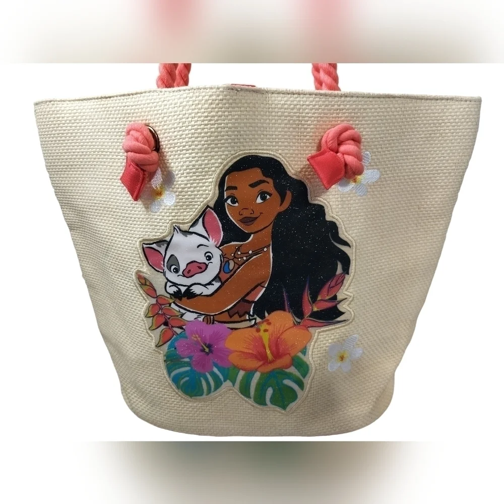 (1379) Disney Moana & Pua Glittering Straw Swim Bag. NWOT